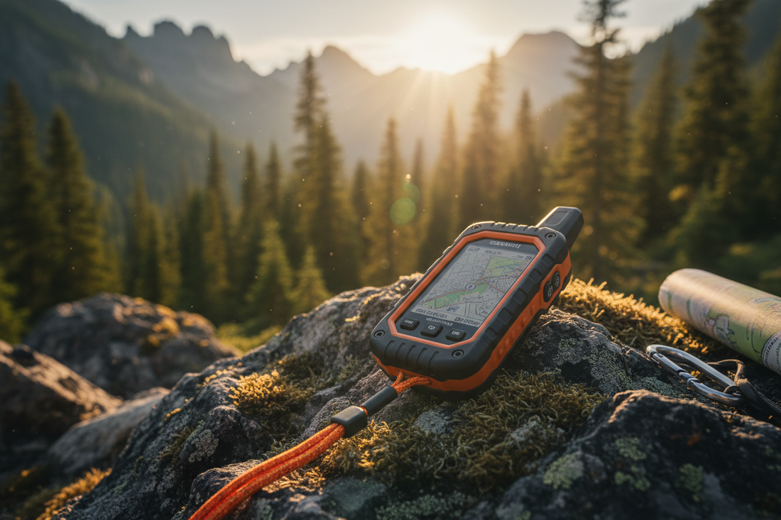 Rugged GPS tracker device in the outdoors