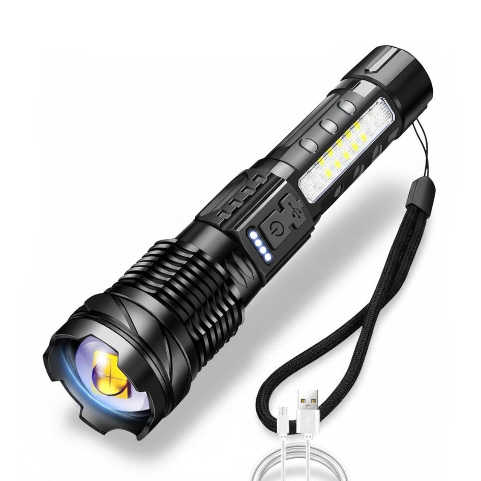 Black flashlight with USB cable on a white background