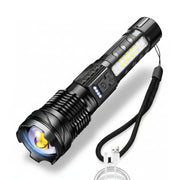 Black flashlight with USB cable on a white background