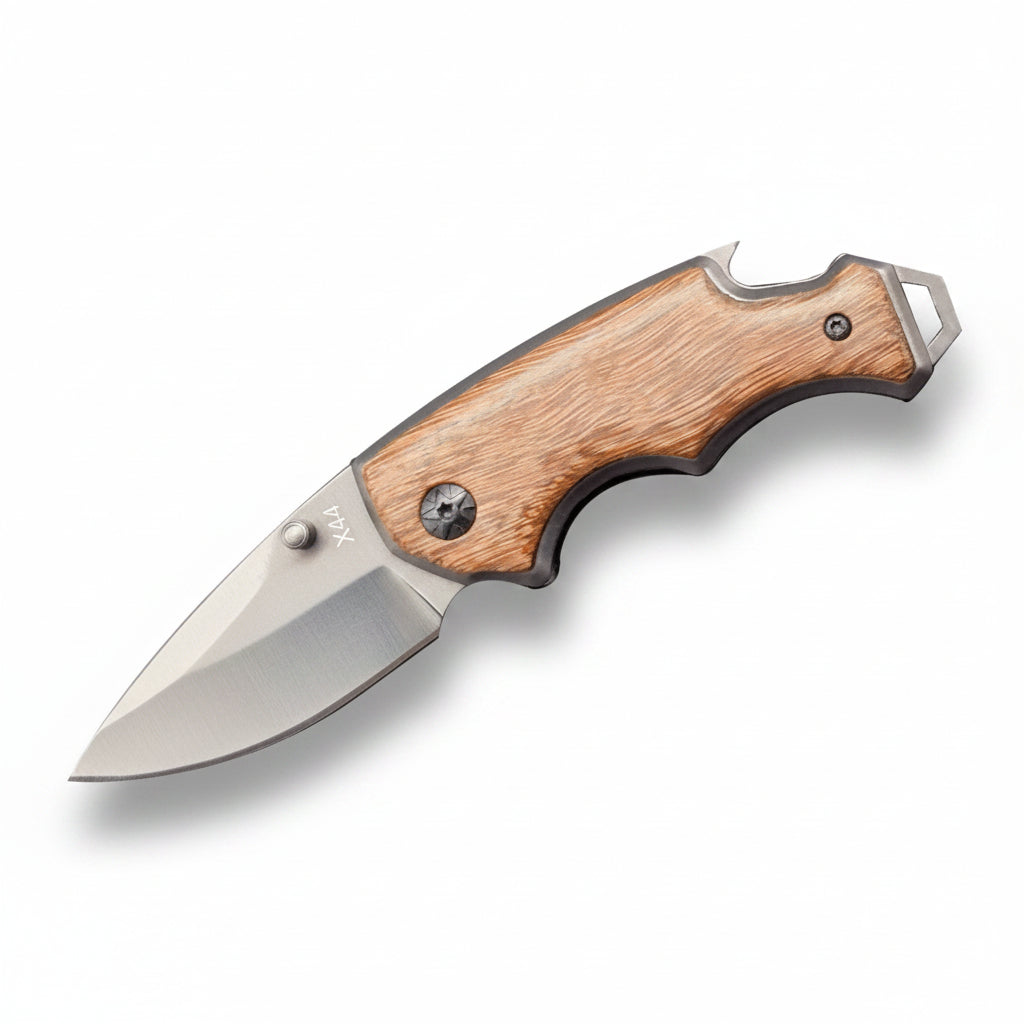 Folding knife with wooden handle on a white background