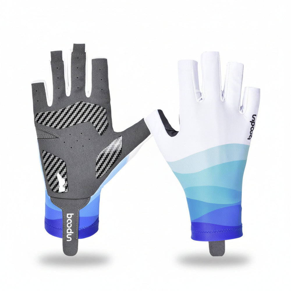 Two gloves, one gray and black with a geometric pattern, the other white with blue gradient, on a white background.