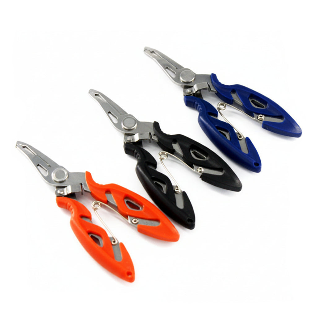 Set of three mini pliers with different colored handles on a white background