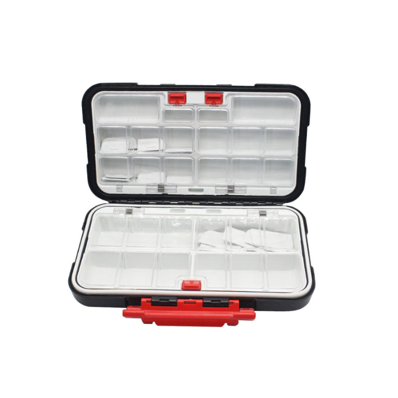 Clear storage or fishing tackle box with black and red accents on a white background