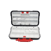 Clear storage or fishing tackle box with black and red accents on a white background