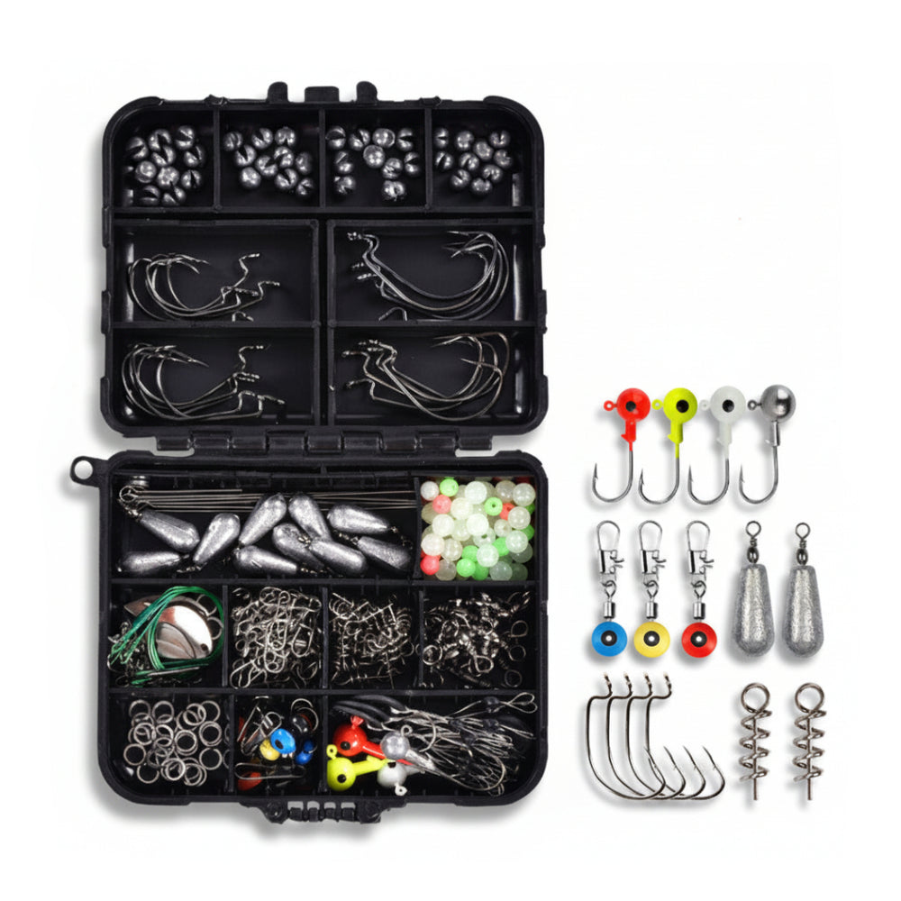 Fishing tackle box with a variety of fishing hooks, weights, and accessories on a white background