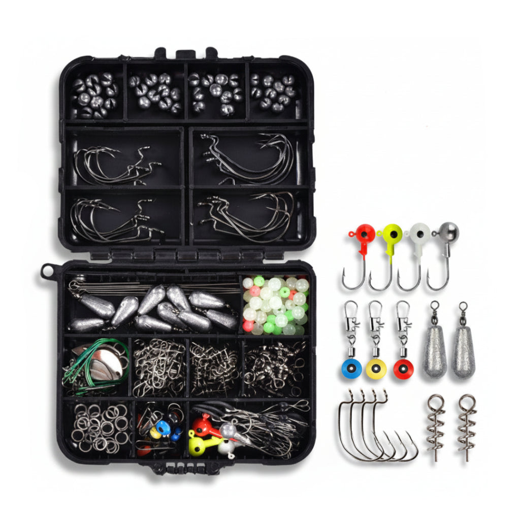 Fishing tackle box with a variety of fishing hooks, weights, and accessories on a white background
