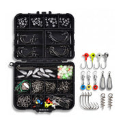 Fishing tackle box with a variety of fishing hooks, weights, and accessories on a white background
