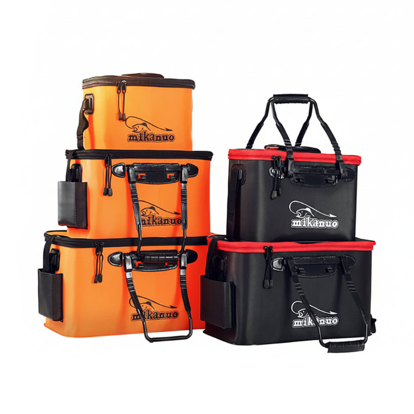 Four Mikakuo brand fishing tackle boxes in orange and black with red accents, against a white background.