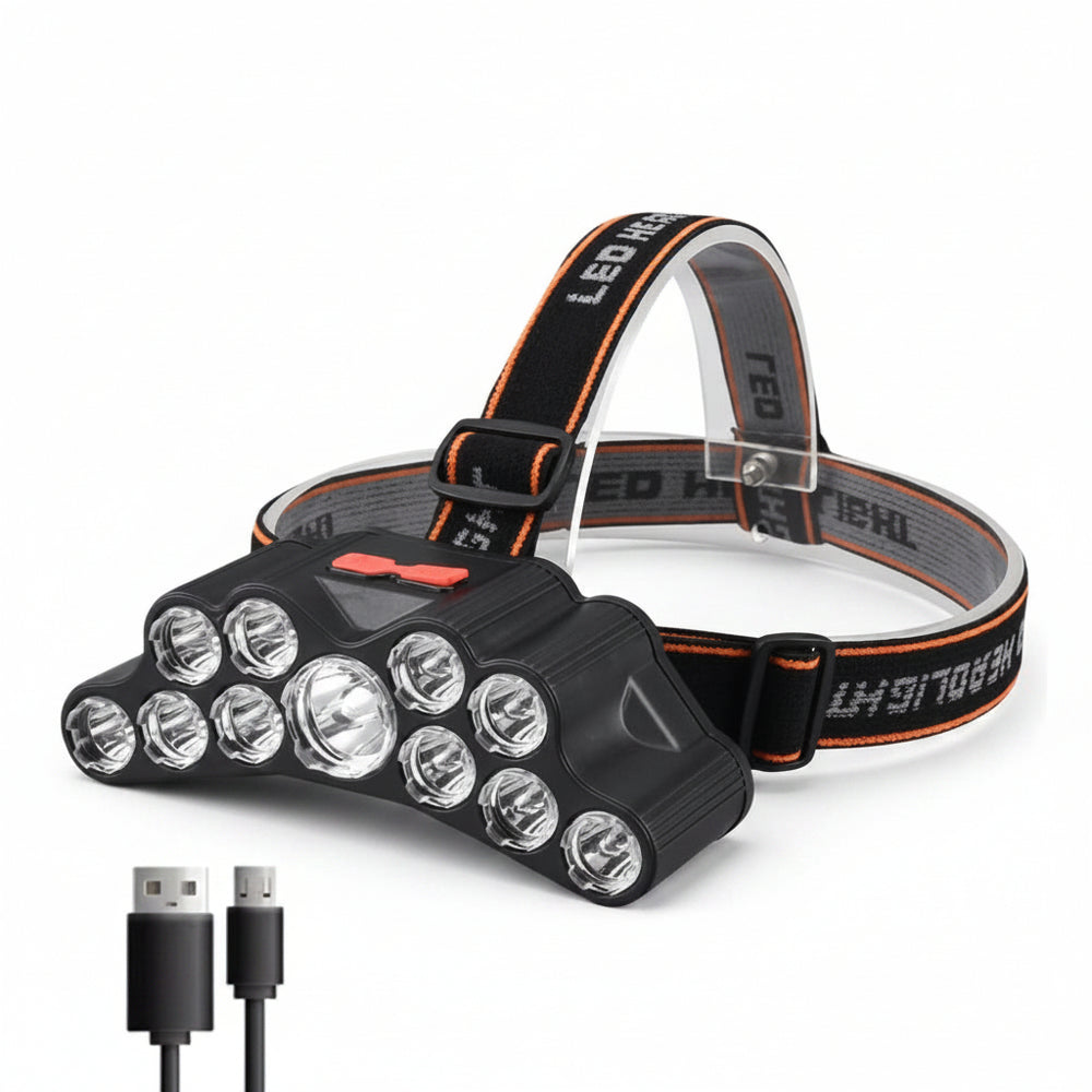 Headlamp with multiple LED lights and USB cable on a white background