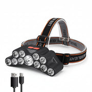 Headlamp with multiple LED lights and USB cable on a white background