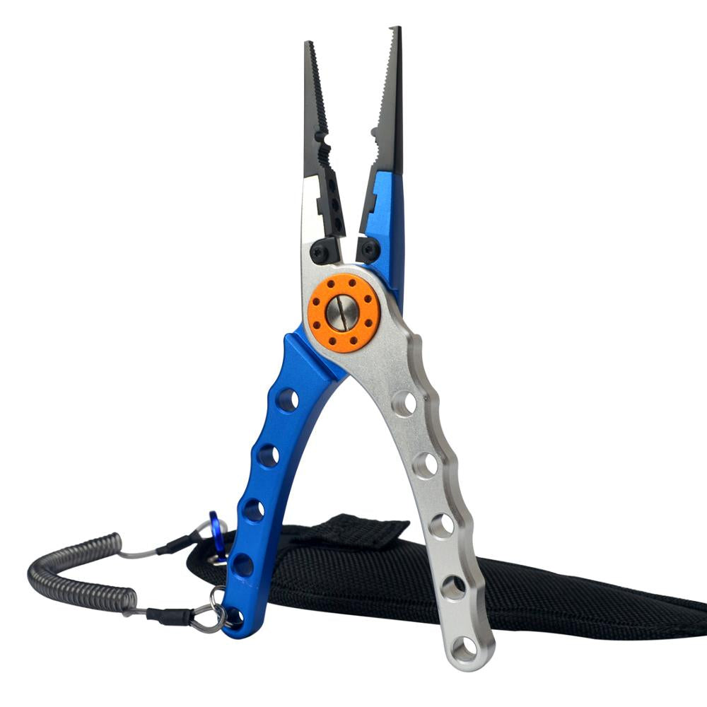 Blue and silver pliers with a black strap on a white background
