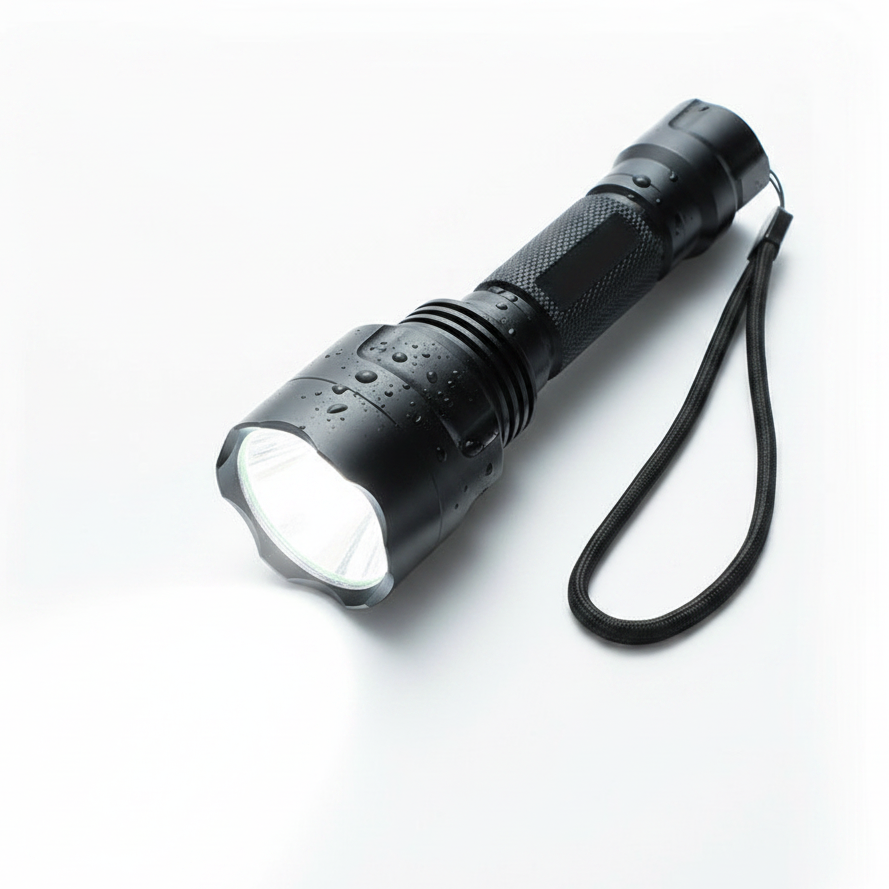 A black tactical LED flashlight with a textured grip, water droplets on the body, and an attached black wrist strap, shown on a clean white background with its light turned on.