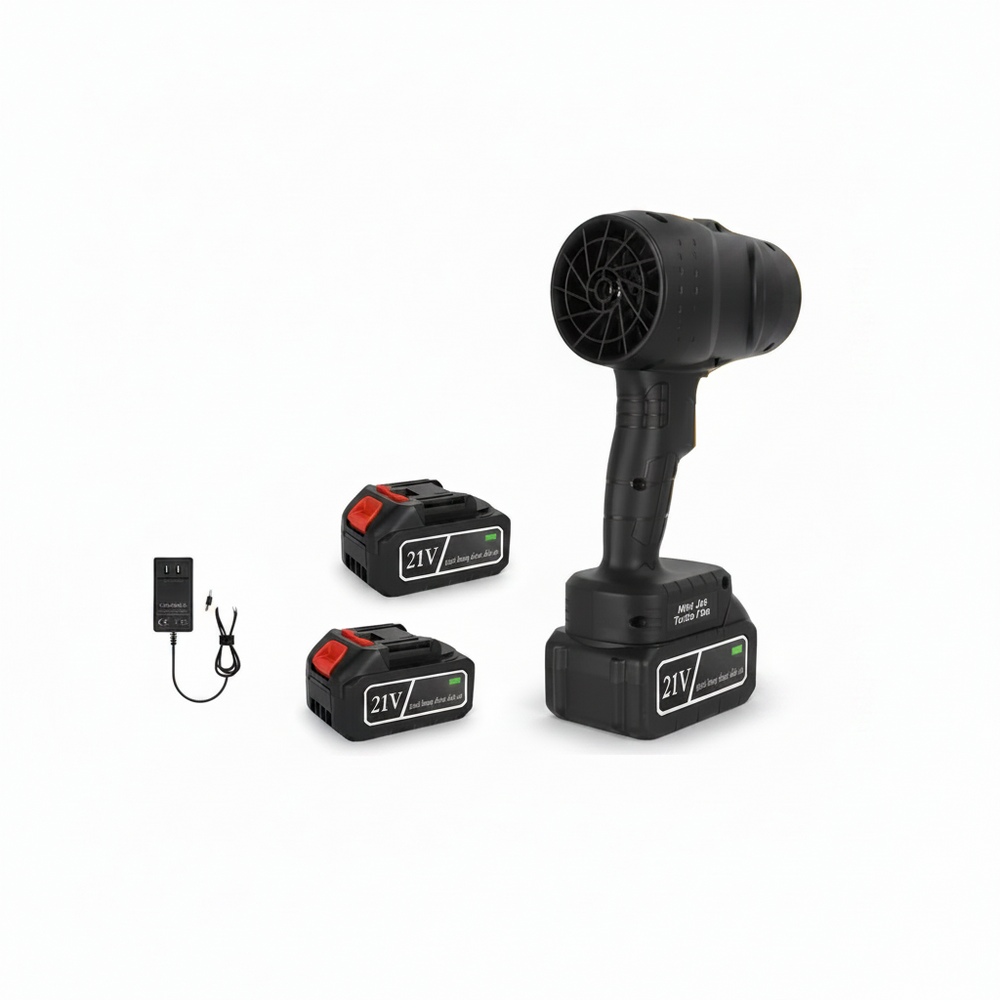 Black cordless mini fan kit with two 21V lithium-ion batteries and a charging adapter, shown on a plain white background.