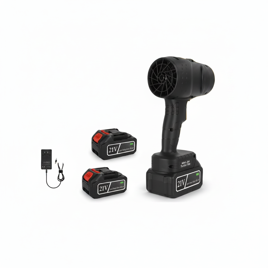 Black cordless mini fan kit with two 21V lithium-ion batteries and a charging adapter, shown on a plain white background.