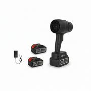 Black cordless mini fan kit with two 21V lithium-ion batteries and a charging adapter, shown on a plain white background.