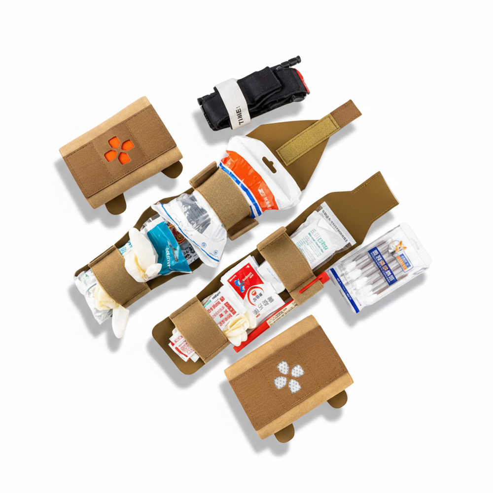 A set of medical first-aid and emergency preparedness kits arranged on a plain white background. The kits include brown cardboard-style cases with small wheels, elastic straps holding bandages, gauze, medical tape, a thermos flask, a black-and-white tourniquet, and packaged supplies.