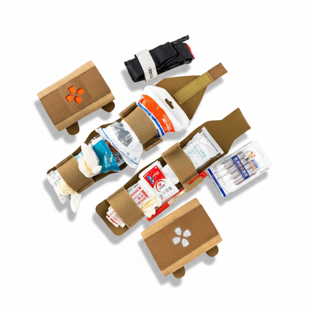 A set of medical first-aid and emergency preparedness kits arranged on a plain white background. The kits include brown cardboard-style cases with small wheels, elastic straps holding bandages, gauze, medical tape, a thermos flask, a black-and-white tourniquet, and packaged supplies.