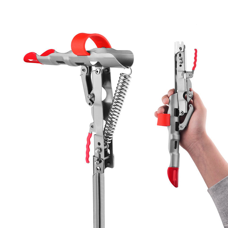 Metal fishing rod holder with red accents held by a hand