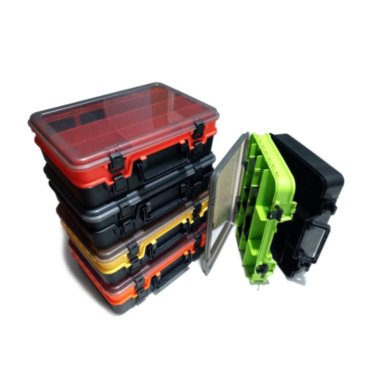 Stack of colorful tackle boxes with a green open box on a white background