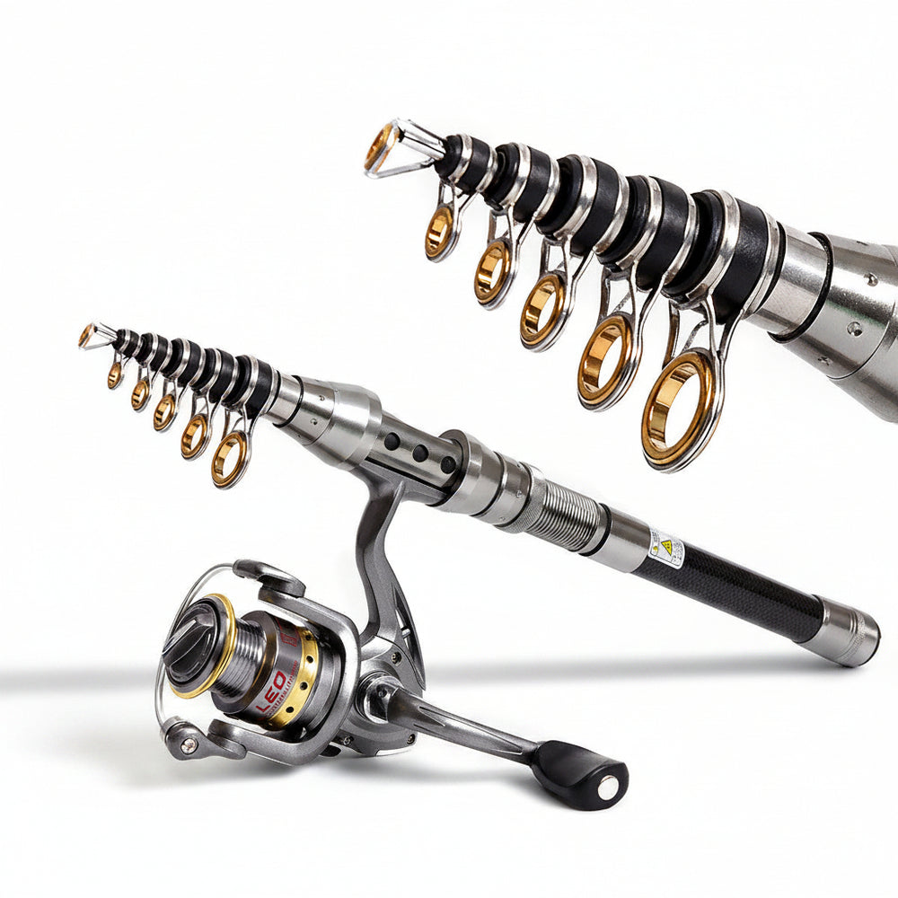 Collapsible fishing rod and reel set with interchangeable hooks on a white background