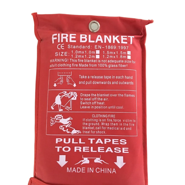 A red fire blanket with printed white instructions and product details, photographed against a plain white background.