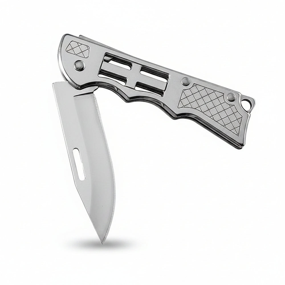Folding knife with a metallic handle and blade on a white background
