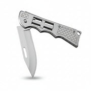 Folding knife with a metallic handle and blade on a white background