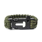 Green paracord bracelet with a black metal clasp on a white background