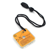 Small square-shaped signal mirror with an orange label and black lanyard on a white background