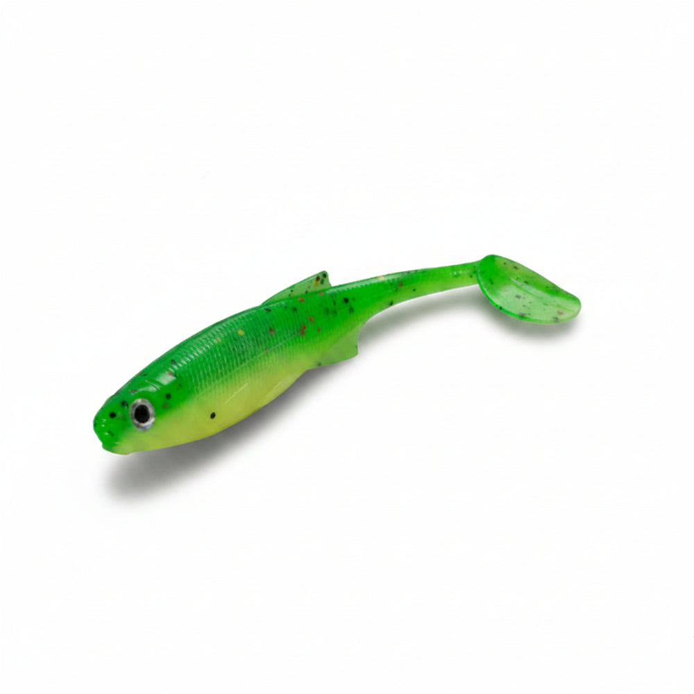A bright green and yellow soft plastic larva fishing lure with black speckles, shown against a white background.