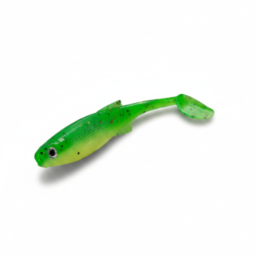 A bright green and yellow soft plastic larva fishing lure with black speckles, shown against a white background.