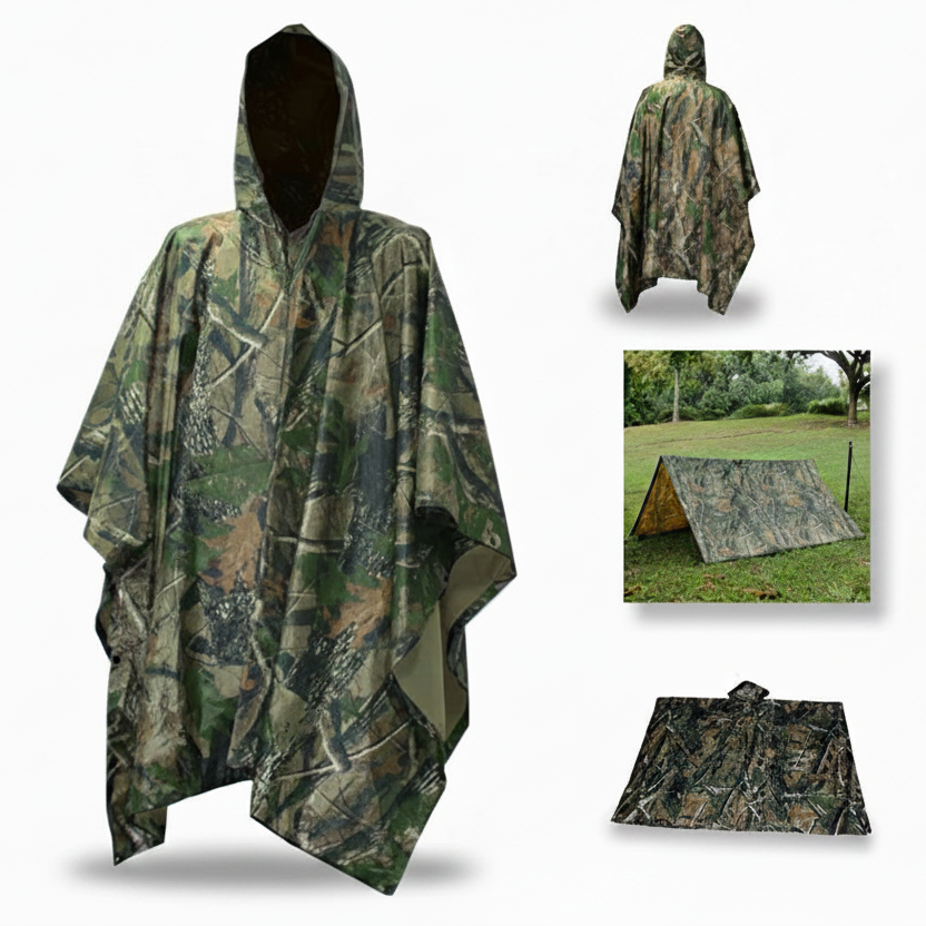 A camouflage hooded raincoat shown on a white background, with three smaller inset images labeled Raincoat, Sunshade, and Blanket. The main product is a poncho-style raincoat with a woodland camouflage pattern in green, brown, black, and beige tones.