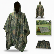 A camouflage hooded raincoat shown on a white background, with three smaller inset images labeled Raincoat, Sunshade, and Blanket. The main product is a poncho-style raincoat with a woodland camouflage pattern in green, brown, black, and beige tones.