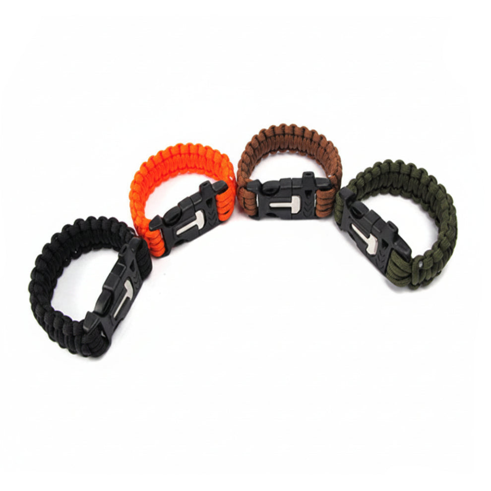 Four paracord bracelets in black, orange, brown, and green on a white background