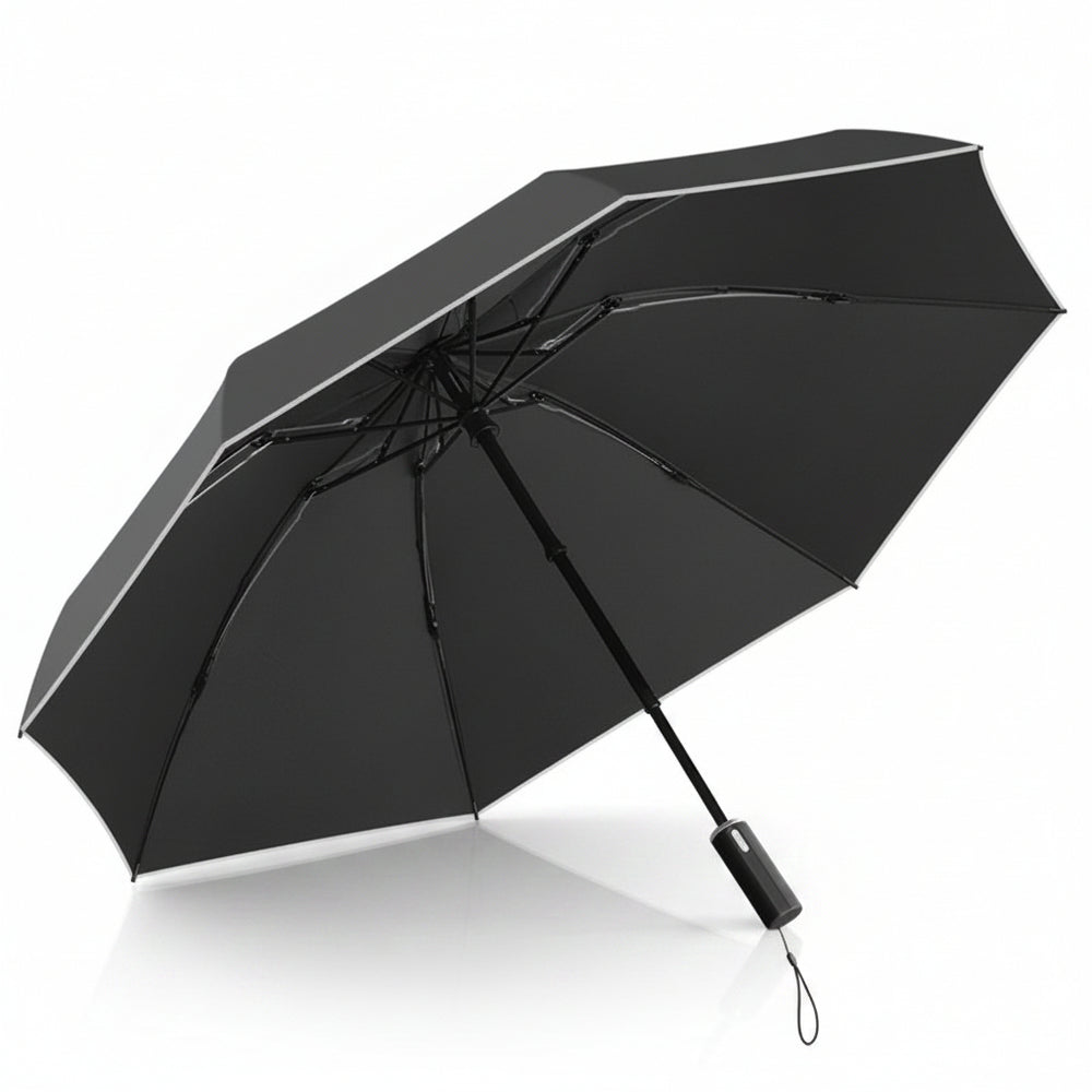 A black automatic folding umbrella shown open against a solid white background, displaying its canopy, ribs, handle, and wrist strap.