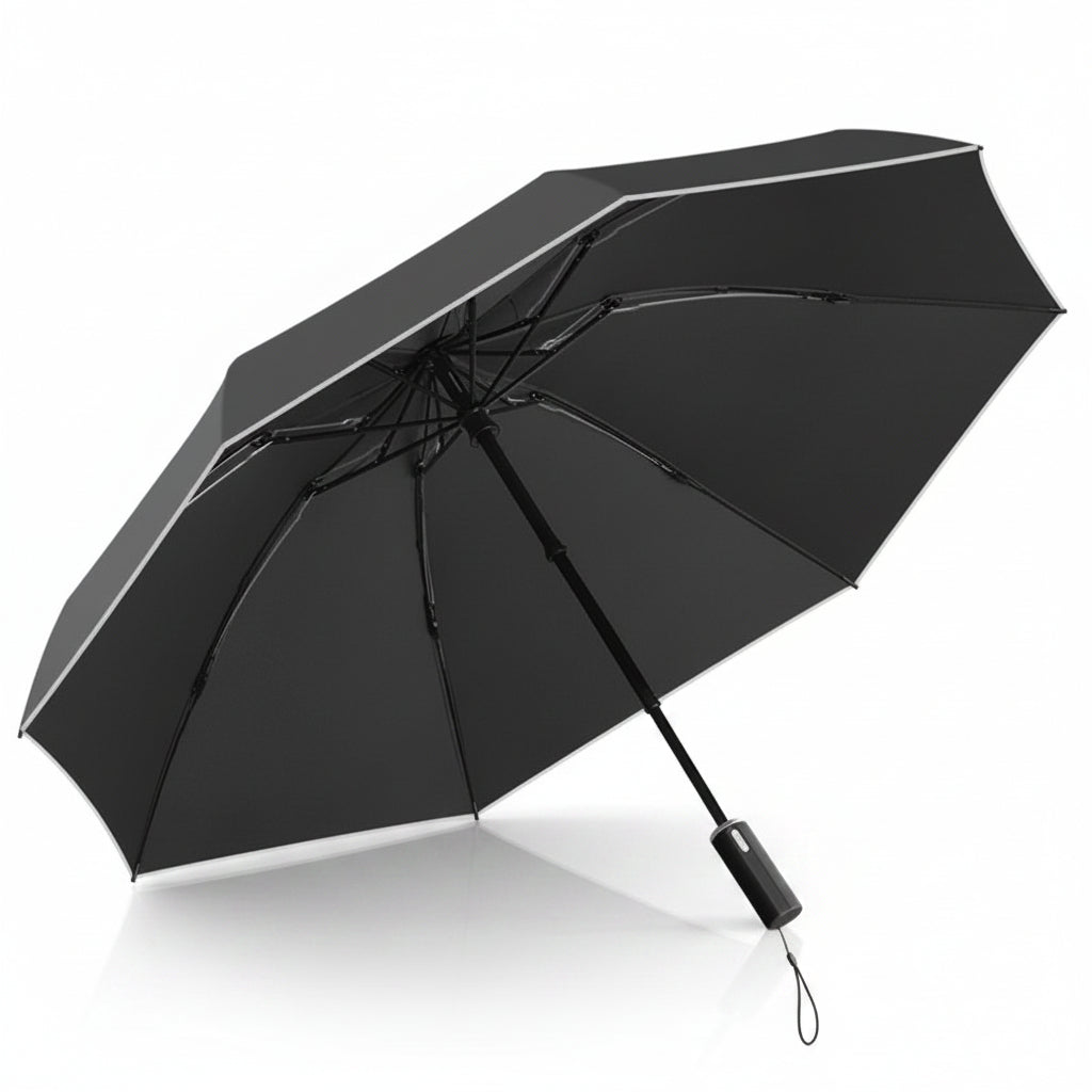A black automatic folding umbrella shown open against a solid white background, displaying its canopy, ribs, handle, and wrist strap.