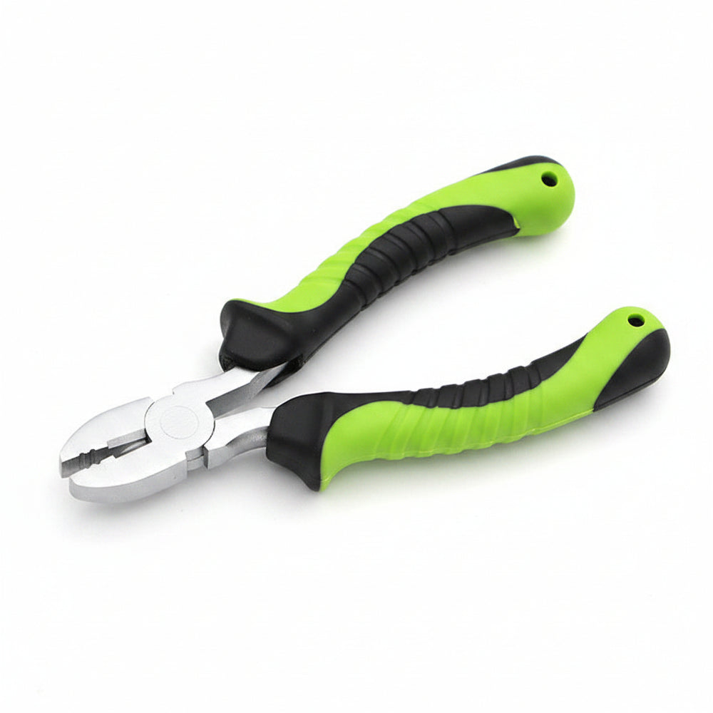 Pair of pliers with green and black handles on a white background