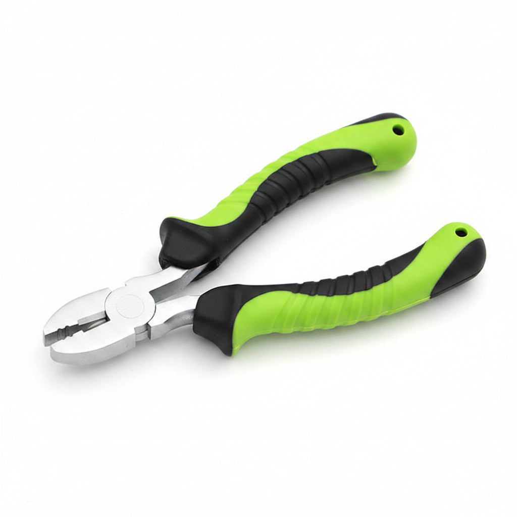 Pair of pliers with green and black handles on a white background