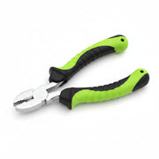 Pair of pliers with green and black handles on a white background