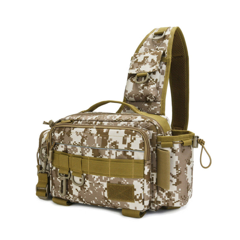 Camouflage tactical sling bag on a white background