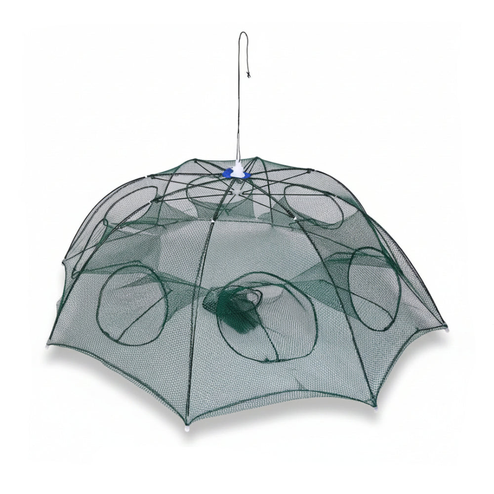 Green fishing net with umbrella-like structure on a white background
