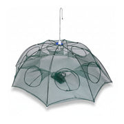 Green fishing net with umbrella-like structure on a white background