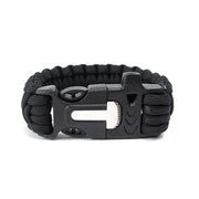 Black paracord bracelet with a black metal clasp on a white background