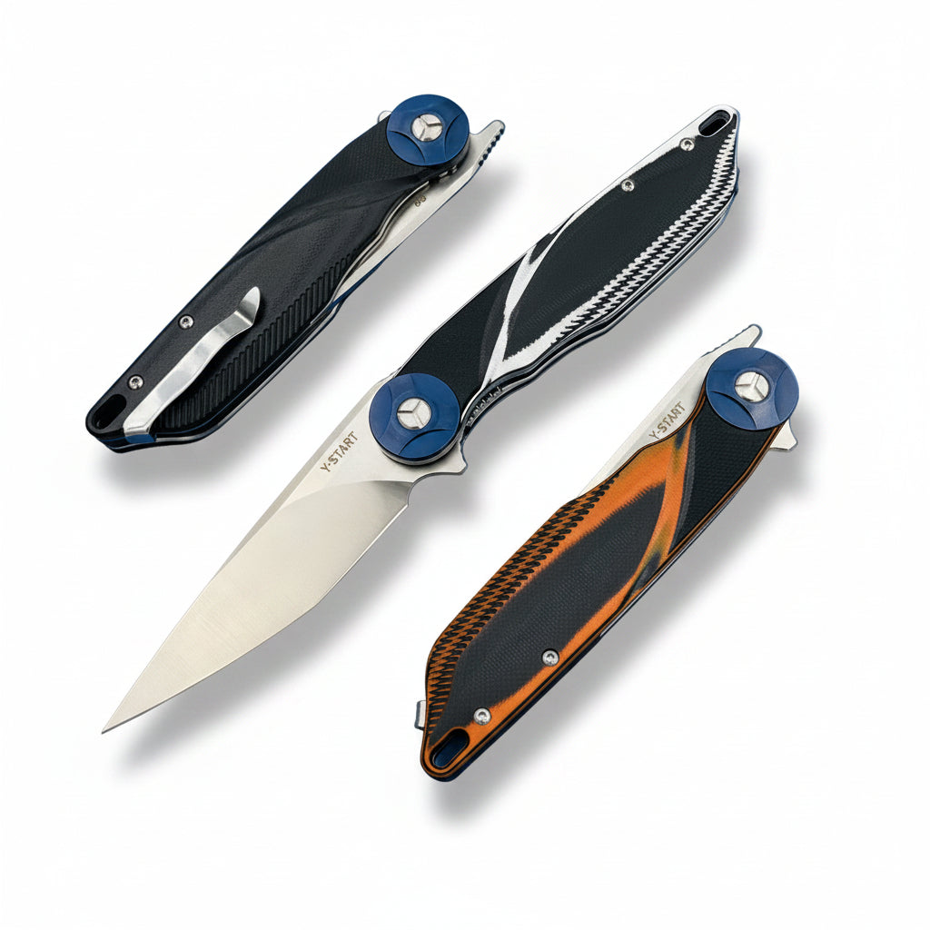 Three folding knives on a white background.