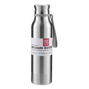A stainless steel vacuum bottle with a silver body, a white label, and a gray carrying loop, shown on a plain white background.