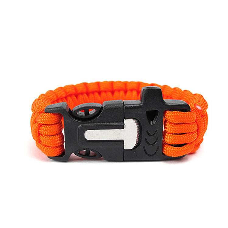 Orange paracord bracelet with a black metal clasp on a white background