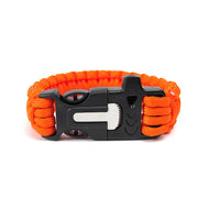 Orange paracord bracelet with a black metal clasp on a white background