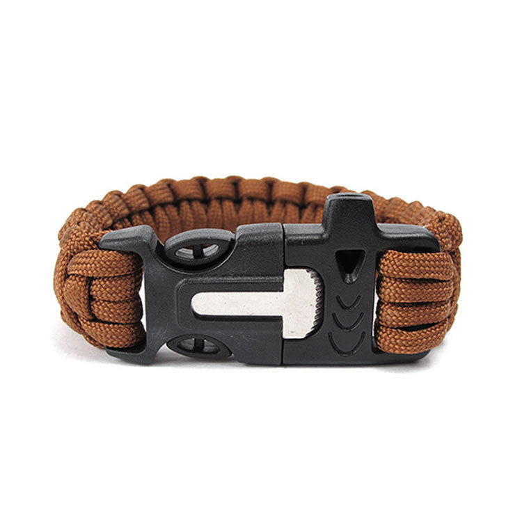 Brown paracord bracelet with a black metal clasp on a white background
