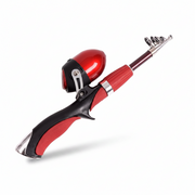 Telescopic fishing rod and closed fishing reel combo with a white background