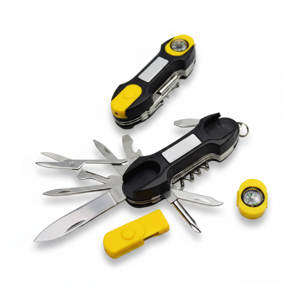 A black and yellow multi-tool pocket knife with several tools extended, shown on a clean white background. The image includes two views of the closed multi-tool and a separate yellow compass.